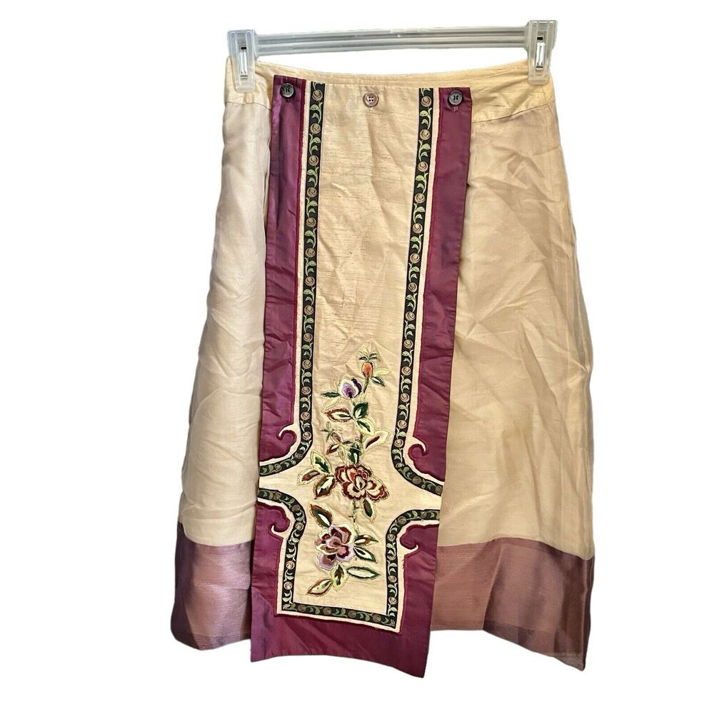 Silk Box Womens Skirt Size 4 Embroidered 100% Silk Midi Button Floral Zipper